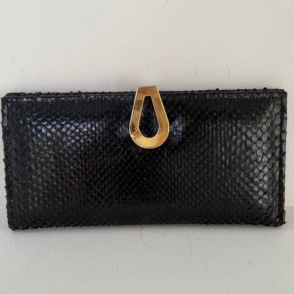 VINTAGE Ertler Snakeskin Leather Women's Bi-Fold Wallet Gold Tone Metal Clasp